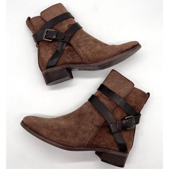 SEE BY CHLOE Suede Ankle Boot Brown Leather Buckle Strap Low Heel, $575 - Picture 1 of 7